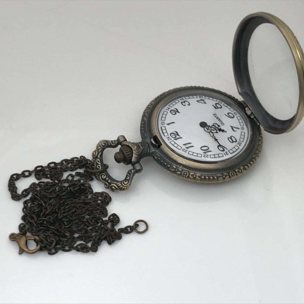 Pocket Watch Necklace Quartz Analog Brass Tone - Picture 7 of 12